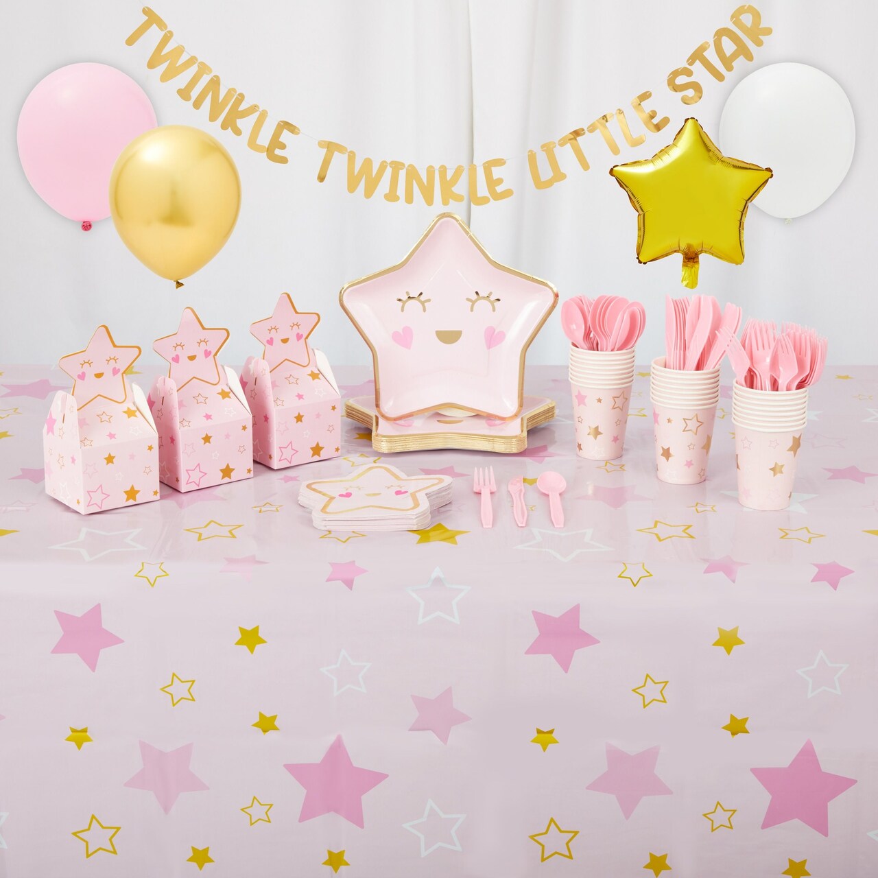 185-Piece Twinkle Twinkle Little Star Baby Shower Decorations for Girls, Pink Dinnerware Set with Cutlery (Serves 24)